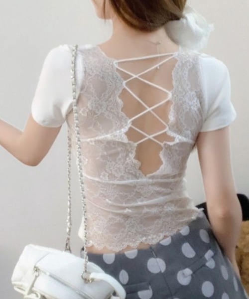GEMEDA tシャツ 半袖 バックレースアップ シアーレース切替 半袖