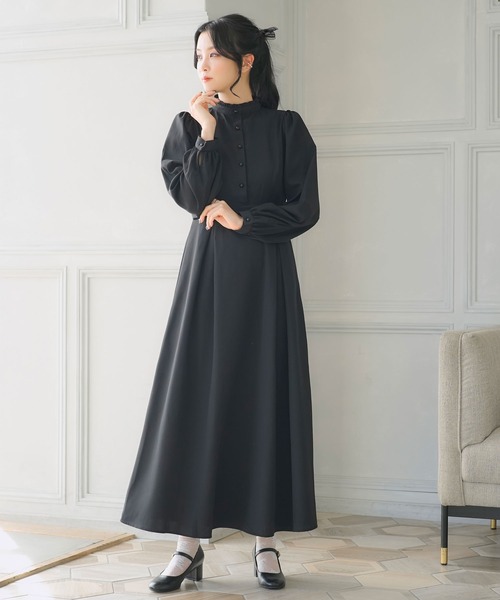Newlyme ワンピース フリルスタンドカラーマキシワンピース