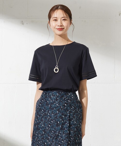 tシャツ 「接触冷感」コットンスムース 刺繍スリーブ カットソー レディース