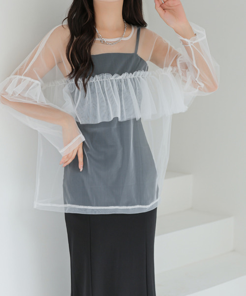 tシャツ ウィスパリングチュールフリルTee｜ウォッシャブル/シアートップス/半袖/夏服 レディース ウィスパリングチュールフリルTee｜ウォッシャブル/シアー