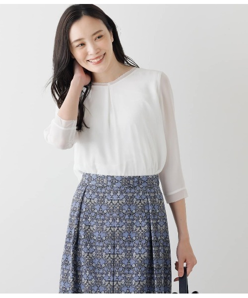 tシャツ 梨地×シフォン Vネックフロントタック7分袖カットソー レディース
