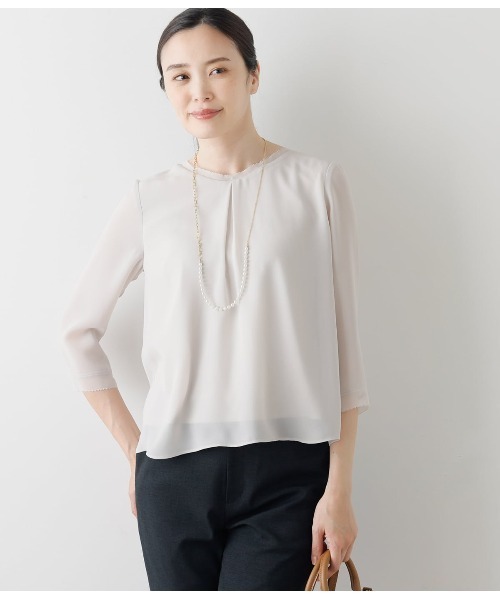 tシャツ 梨地×シフォン Vネックフロントタック7分袖カットソー レディース NEWYORKER tシャツ 梨地×シフォン Vネックフロントタック7分袖