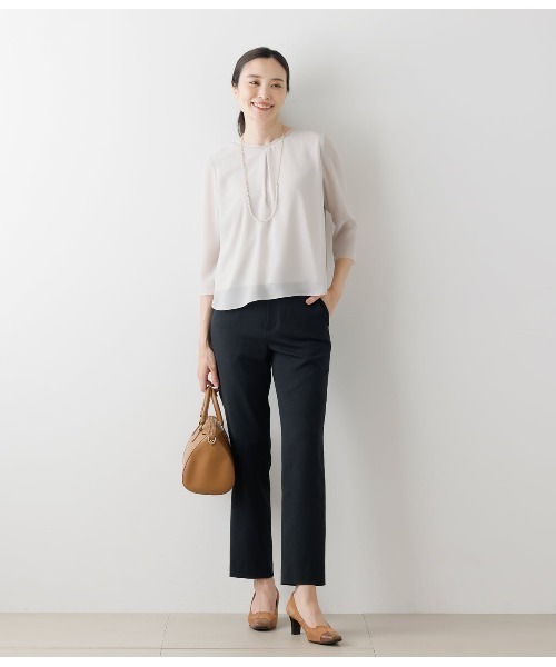 tシャツ 梨地×シフォン Vネックフロントタック7分袖カットソー レディース NEWYORKER tシャツ 梨地×シフォン Vネックフロントタック7分袖