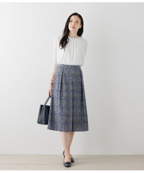 NEWYORKER tシャツ 梨地×シフォン Vネックフロントタック7分袖