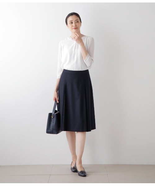 tシャツ 梨地×シフォン Vネックフロントタック7分袖カットソー レディース NEWYORKER tシャツ 梨地×シフォン Vネックフロントタック7分袖