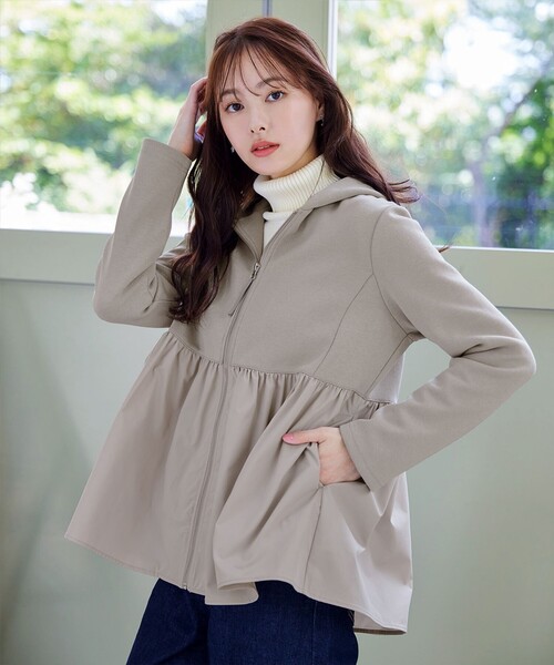 Tiaclasse パーカー 「大きいサイズ」異素材ジップフレアパーカー