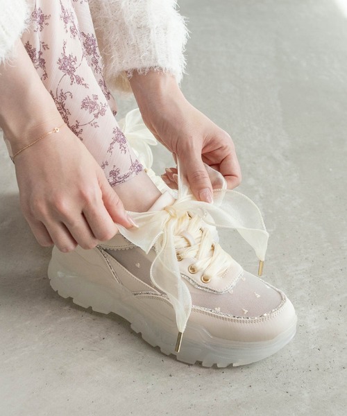 RANDA ベージュ リボン付きシューズ RANDA スニーカー 「HEART COLLECTION」シフォンリボンハート