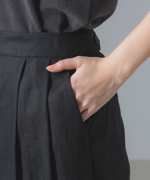 ワイドパンツ スラックス パンツ 「手洗い可」リネン タブ付き ワイドパンツ レディースの画像