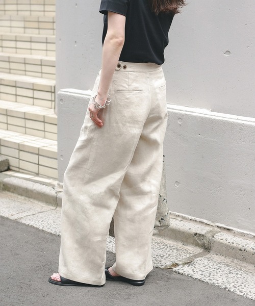 ワイドパンツ スラックス パンツ 「手洗い可」リネン タブ付き ワイドパンツ レディースの画像