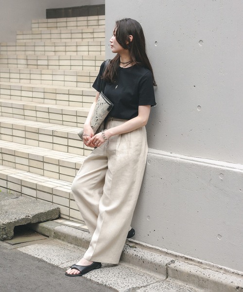 ワイドパンツ スラックス パンツ 「手洗い可」リネン タブ付き ワイドパンツ レディースの画像