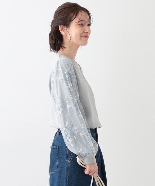 DRESKIP（ドレスキップ） tシャツ 大人上品 お袖チュール刺繍 切替