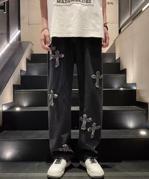 SEN TOKYO ジーンズ クロスパッチ ダメージワイドデニムパンツ メンズ