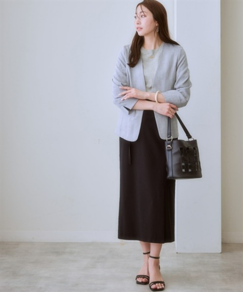 ジャケット ノーカラージャケット 洗える麻調合繊7分袖ストレッチノー