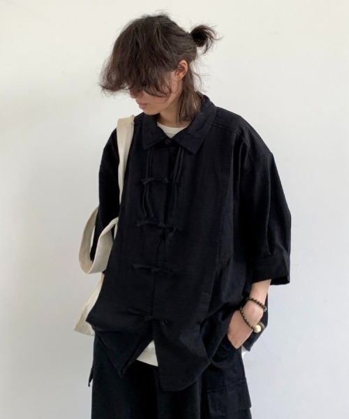 FreeZone シャツ 7分袖 チャイナボタン中華風シャツ メンズ レディース