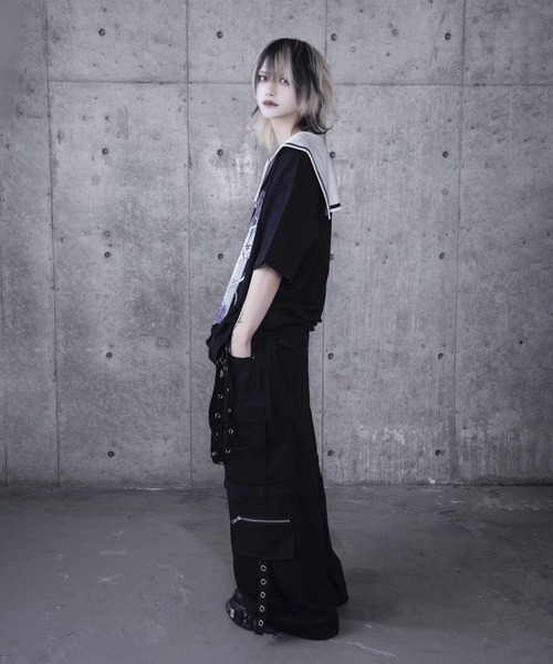 Amilige tシャツ セーラーカラー半袖プリントTシャツ レディース