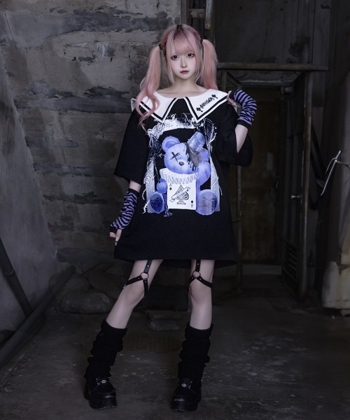 Amilige セーラーカラー半袖プリントTシャツ　ブラック　アミリージュ セール】セーラーカラー半袖プリントTシャツ（Tシャツ