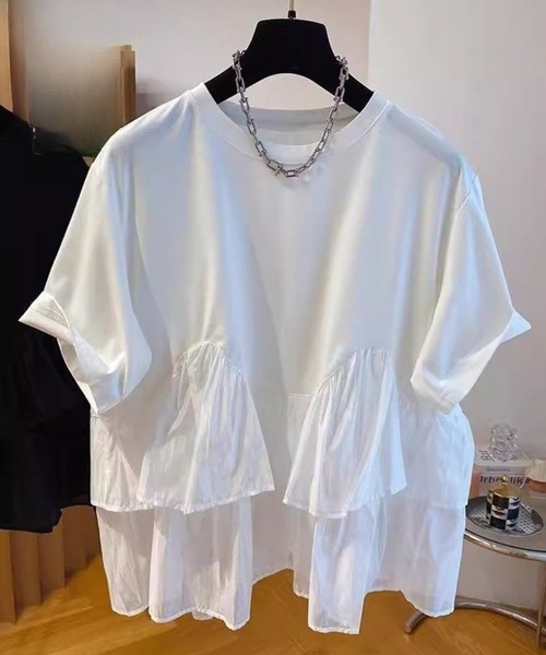 tシャツ 切替ドッキング半袖トップス レディース