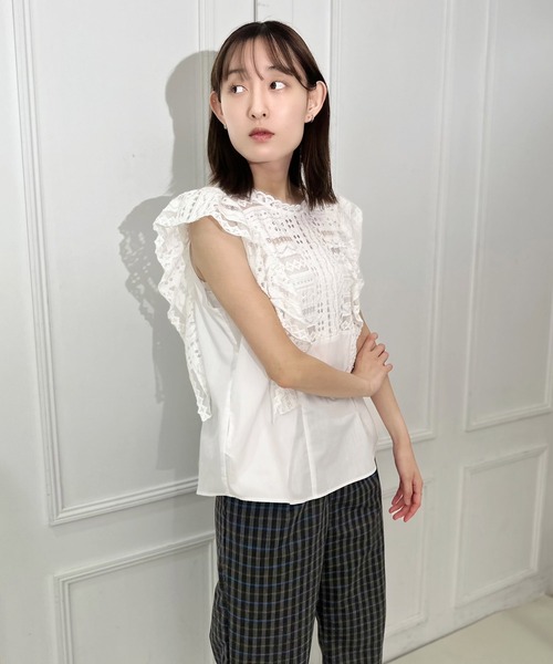 AVIE（アビィ） ブラウス シャツ レ―スフリル切替デザインブラウス