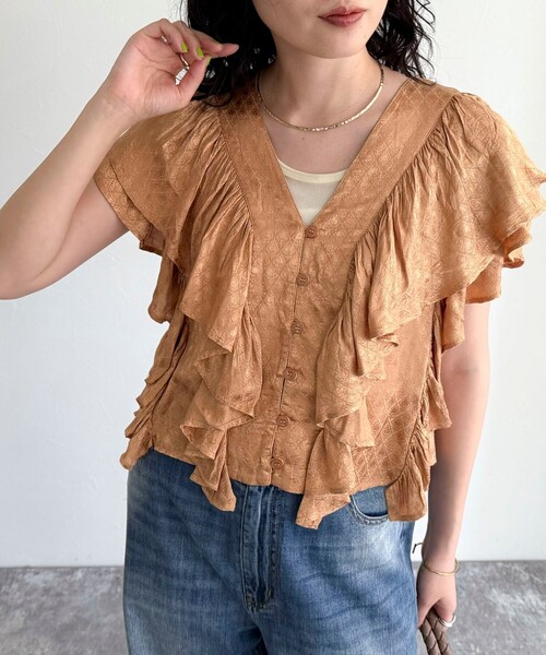 ブラウス シャツ ジャガードフリル前開きブラウス レディース