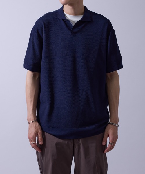 【美品】Ballsey ボールジィ 鹿の子編 半袖 ポロニット ネイビー S LE CERCLE par rope' ポロシャツ 半袖 鹿の子ニット配色スキッパープル