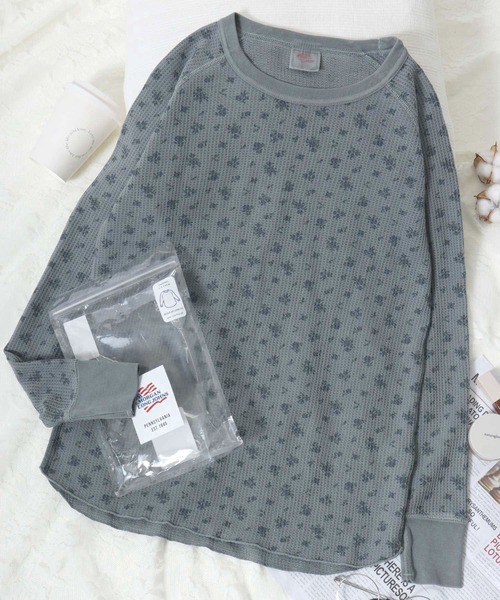 LEONID 花柄 長袖Tシャツ モスグリーングレー JEMORGAN（ジェーイーモーガン） tシャツ 花柄ワッフルピグメント