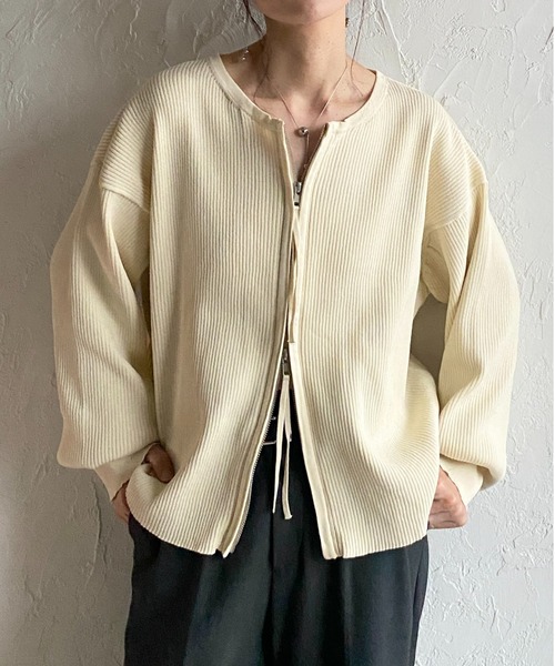 モール袖ボリュームカーデ She's Closet カーディガン 長袖ボリュームスリーブダブルジップアップ