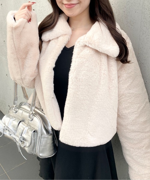 REKNA フェイクファーブルゾン　フード付き　ジャケット　ベージュ　クロップド tiptop+pocket ティップトッププラスポケット / ミックスファーブルゾン