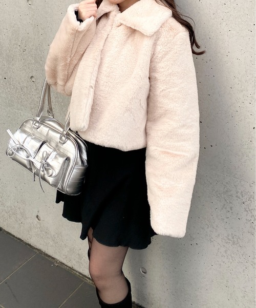 Mejoul ブルゾン アウター 襟付きフェイクファーショートブルゾン