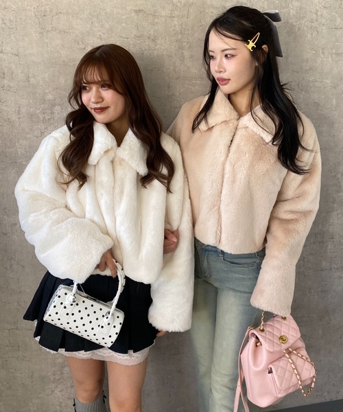 Mejoul ブルゾン アウター 襟付きフェイクファーショートブルゾン