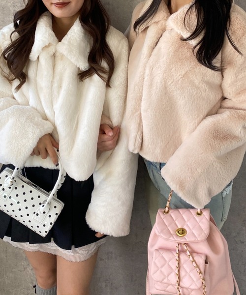 Mejoul ブルゾン アウター 襟付きフェイクファーショートブルゾン