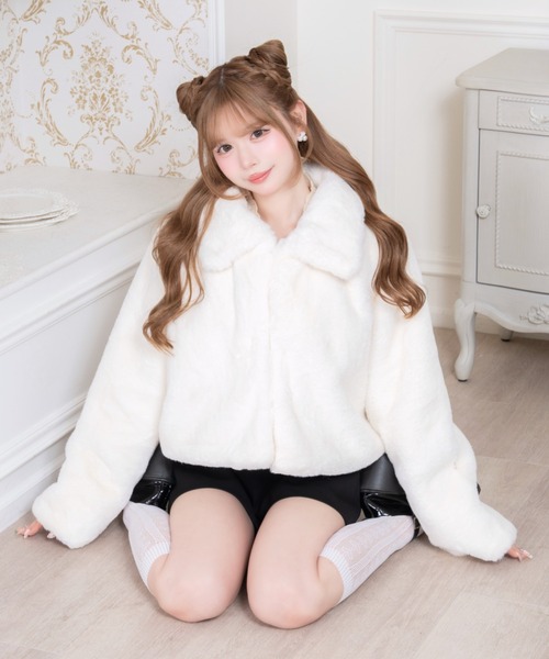 Mejoul ブルゾン アウター 襟付きフェイクファーショートブルゾン
