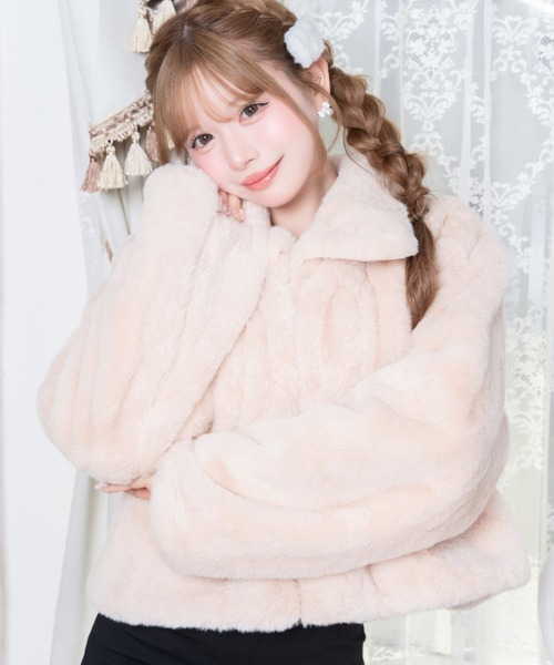 Mejoul ブルゾン アウター 襟付きフェイクファーショートブルゾン