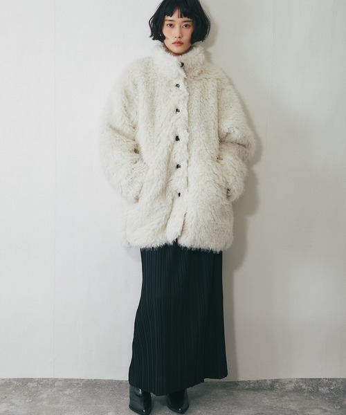 【トレンド見えアウター】シャギーコート She's Closet ステンカラーコート コート スタンドネックミドル丈