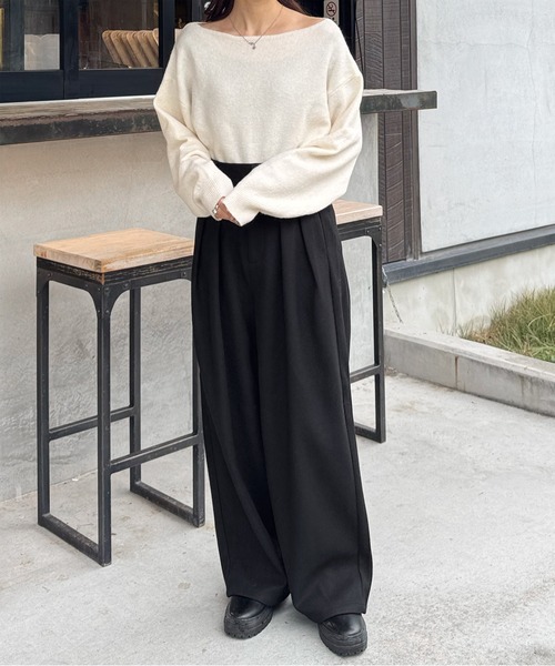 LE MORE ワイドパンツ パンツ フェイクウールタックパンツ レディース
