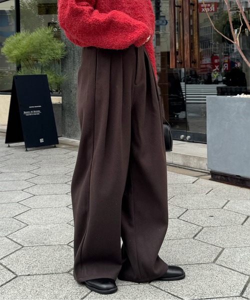 LE MORE ワイドパンツ パンツ フェイクウールタックパンツ レディース