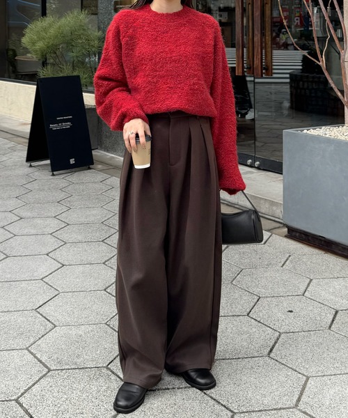 LE MORE ワイドパンツ パンツ フェイクウールタックパンツ レディース