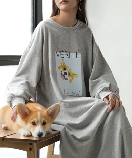 エムズグレイシー チュニック カットソーワンピース 長袖 犬散歩 黒 38 HUG.U（ハグユー） ワンピース コーギー好きのための。 カットソー