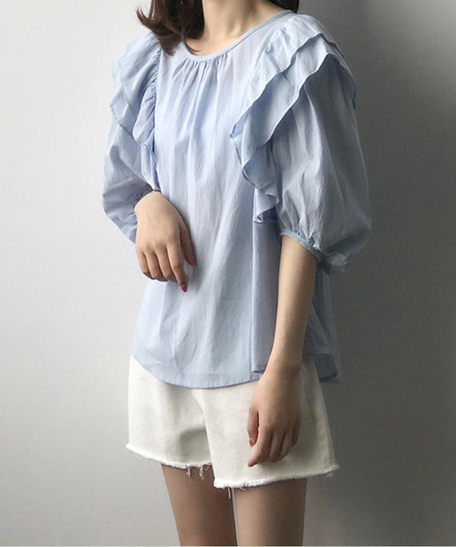 割引クーポン シャツ ブラウス ショルダーフリルブラウス