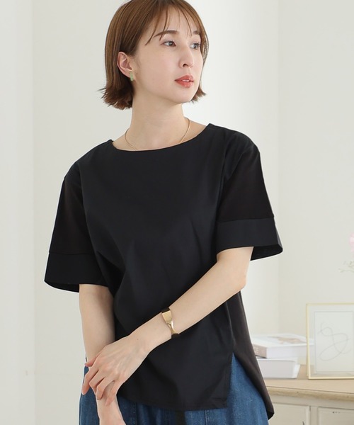 黒 半袖シャツ 異素材切替 ElegChic tシャツ 異素材切り替え半袖Tシャツ レディース