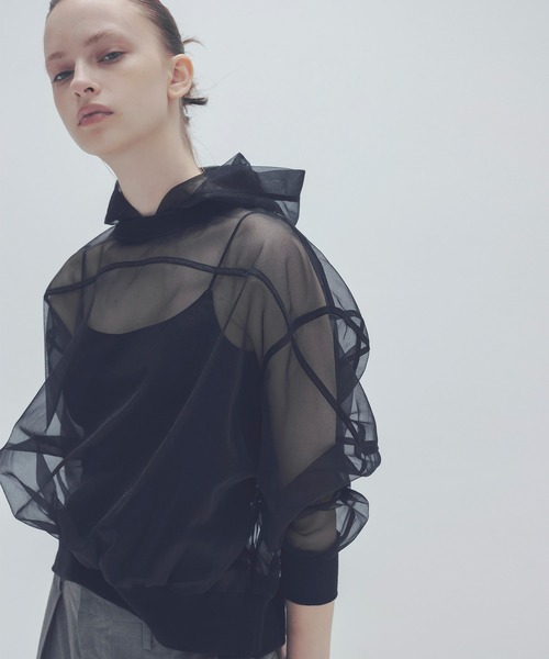 最終価格【新品タグ付】DRESSLAVE｜シアーフーディ 黒 異素材MIX リブ DRESSLAVE（ドレスレイブ） パーカー sheer hoodie(シアーフーディ