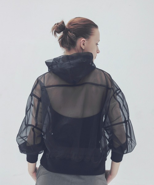 最終価格【新品タグ付】DRESSLAVE｜シアーフーディ 黒 異素材MIX リブ DRESSLAVE（ドレスレイブ） パーカー sheer hoodie(シアーフーディ