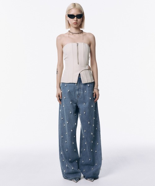 デニム・ジーパン PALAZZO JEANS WITH CHAIN JOSE MOON ジーンズ デニム デニムパンツ WIDE DENIM PANTS with