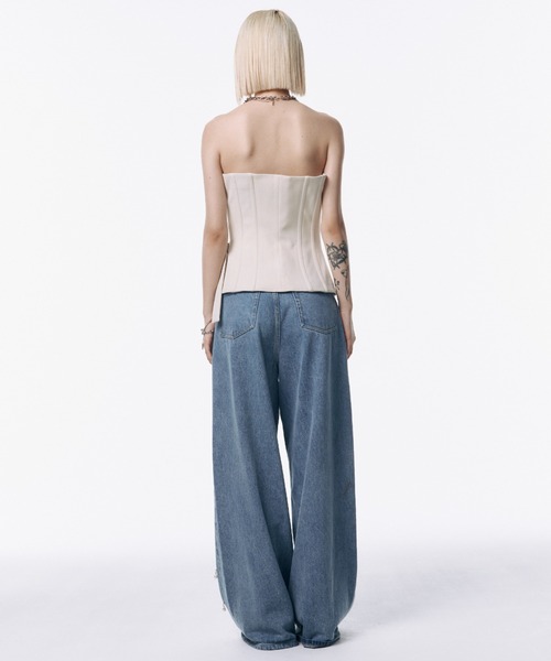 ワイドパンツ ジーンズ デニム デニムパンツ WIDE DENIM PANTS with PEARL/ワイドデニムパンツウィズパール レディースの画像