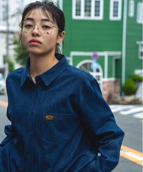 ブラウス シャツ RVCA レディース RECESSION DENIM SHIR 長袖シャツ/ルーカ胸ポケットワンポイントデニムシャツ レディース