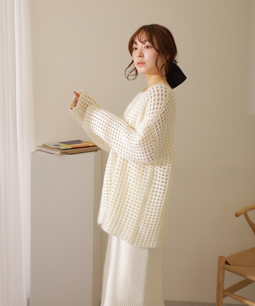 セットアップ openwork knit skirt set /透かし編み 切り替え ロング