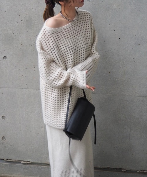 セットアップ openwork knit skirt set /透かし編み 切り替え ロング 