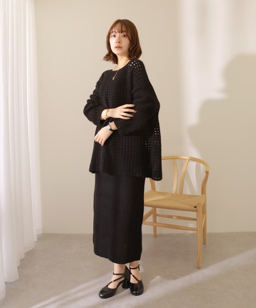 セットアップ openwork knit skirt set /透かし編み 切り替え ロング