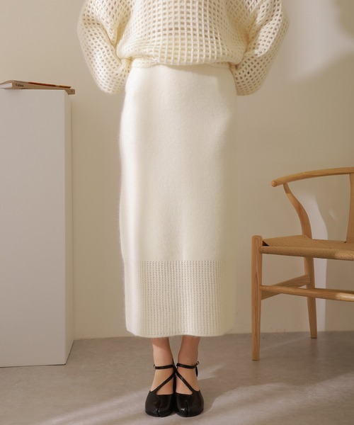 セットアップ openwork knit skirt set /透かし編み 切り替え ロング