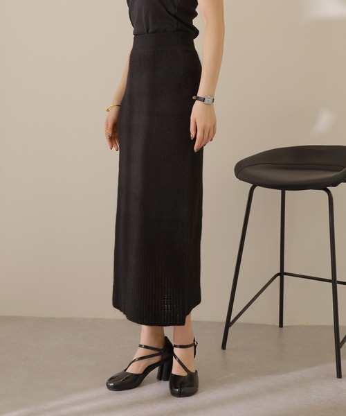セットアップ openwork knit skirt set /透かし編み 切り替え ロング