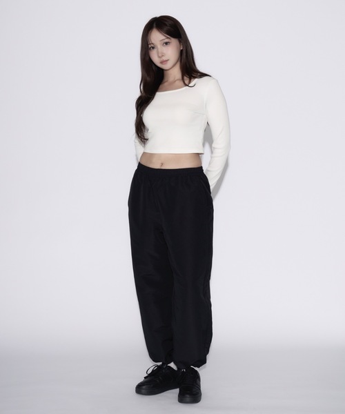 THEREDTHREAD ナイロンパンツ レース裾 ブラック S ワイド 韓国 THEREDTHREAD / ザレッドスレッド】S nylon jersey pants lace